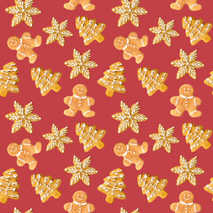 Festive seamless pattern Traditional Christmas cookies gingerbread men, trees, snowflakes with white icing on a solid light burgundy background for joyful holiday designs, wrapping, digital projects