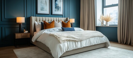 Elegant Beige and Blue Master Bedroom Interior Design