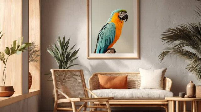 Designer apartment interior with a smooth camera pan revealing a vibrant parrot painting on the wall. Suddenly, the parrot comes to life, adding a magical touch to the modern space.


