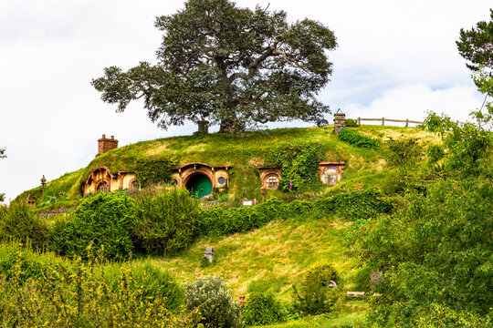 Hobbit Village Landscapes. Hobbit Huts. Hobbiton, MataMata. New Zealand