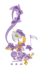 Abstract nature treble clef decorated with summer and spring flowers, notes, birds. Light and relax music. Hand drawn vector illustration.