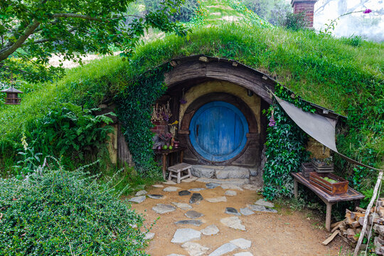 Hobbit Village Landscapes. Hobbit Huts. Hobbiton, MataMata. New Zealand