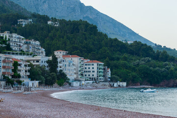 Sveti Stefan, Montenegro: pink pebble beach and Beach Hotels near Budva on the Montenegrin Riviera, along the Adriatic coast