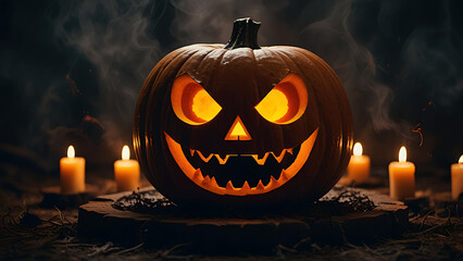 A demonic portal opening from the mouth of a carved pumpkin, releasing twisted spirits and black smoke into the night.