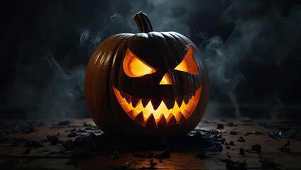 A demonic portal opening from the mouth of a carved pumpkin, releasing twisted spirits and black smoke into the night.