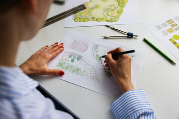 landscape architect, designer drawing ornamental garden plan in office