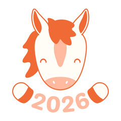 2026 Chinese zodiac sign, cute cartoon horse face isolated. Flat style vector illustration. Kawaii animal character. Lunar New Year, Seollal, Tet holiday card, banner, poster, decor, design element