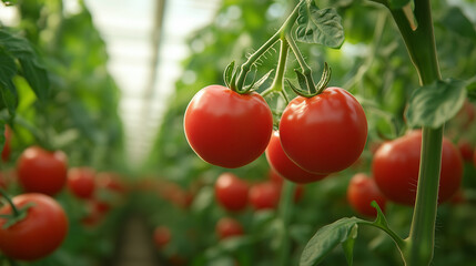 Ripe Red Tomatoes on the Vine in Greenhouse Close-Up
