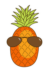 Pineapple with sunglasses hand drawn illustration, isolated vector. Line art style design. Summer clip art, seasonal element, print. Tropical fruit, exotic food, funny cartoon character, symbol