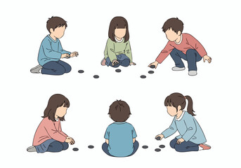 Minimalist Flat Illustration Group of Children Playing Stone Game Traditional