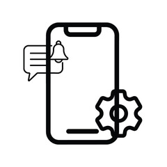 Mobile App Notification and Settings Icon – Smartphone with Message, Alert Bell, and Gear Symbol Representing App Management, Communication, and User Interface Design