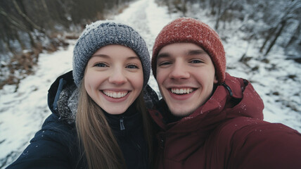 Young couple selfie with winter smiles in nature trail (black) background