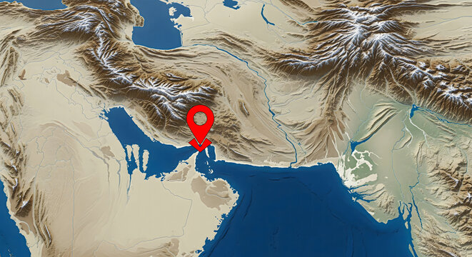 Strait of Hormuz with the location icon in 3D terrain map style showing coastline, elevation, and shaded relief in angled landscape perspective