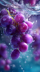 Clusters of purple grapes burst into water, evoking a sense of freshness and vitality.