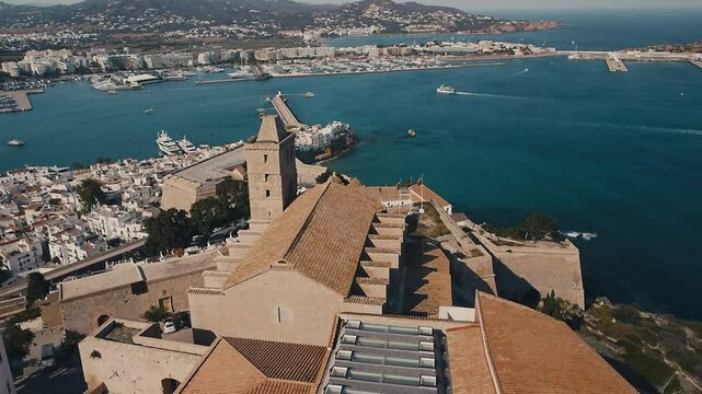 Circular Drone Shot Around the Dalt Vila Fortified Town of Ibiza