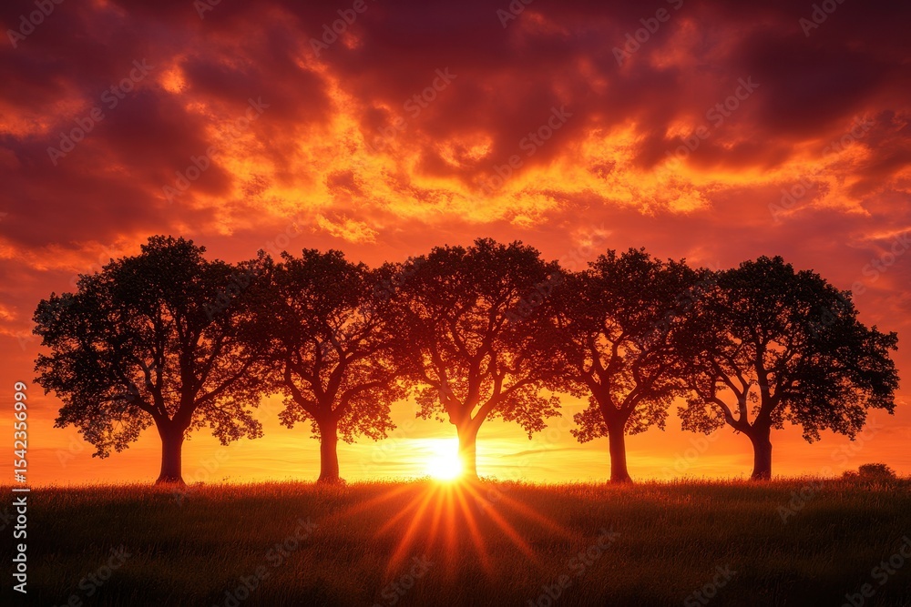Poster fiery sunset lights row of trees during twilight in dark landscape, sun dips below horizon casting w