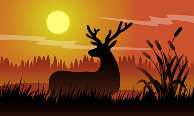 Deer with nature and mountains background with sunset, Vector Illustration