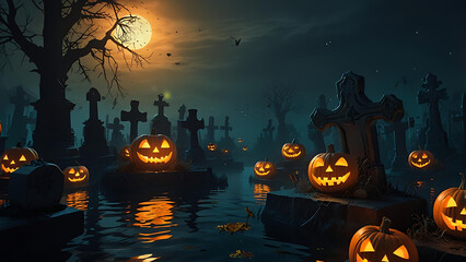 An underwater graveyard where haunted jack-o'-lanterns float above tombstones, illuminating the darkness with a ghostly orange glow.