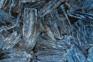 melting transparent ice on the shore of a lake in the north of Kolyma