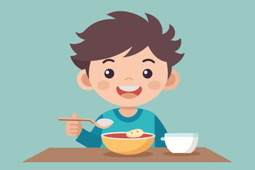 Child eating porridge with spoon alone, happy and messy
