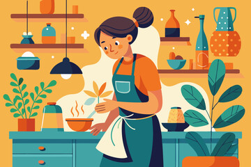 Girl tying apron to help in the kitchen, warm atmosphere