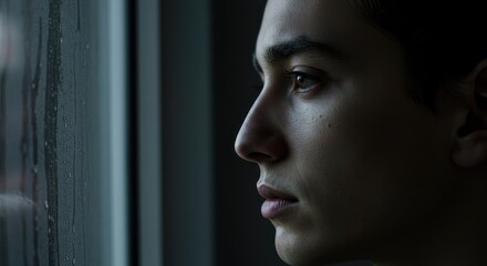 A person looking out a window on a rainy day.  Close-up profile