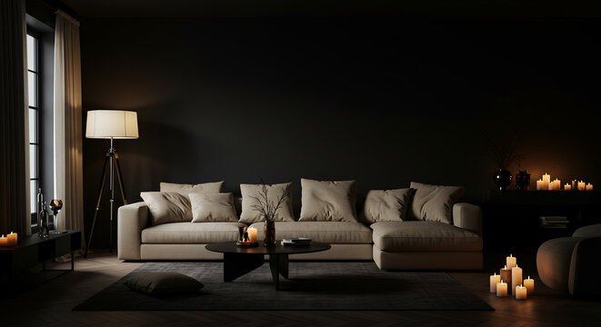 "Moody Modern Elegance – Beige Sofa and Ambient Lighting in a Luxe Living Room"