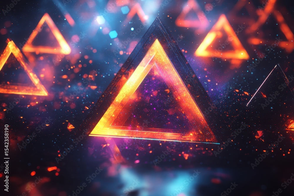 Poster Kaleidoscopic triangles with glowing, colorful cosmic textures create a dimensional visual experience