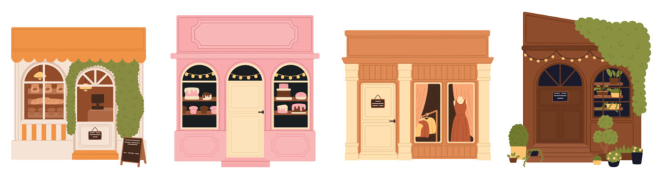 Set of small local shops. Small family business. Cafe, flower shop, clothing store. Flat vector illustration.