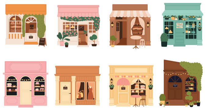 Set of small local shops. Small family business. Cafe, flower shop, bakery, clothing store. Flat vector illustration.