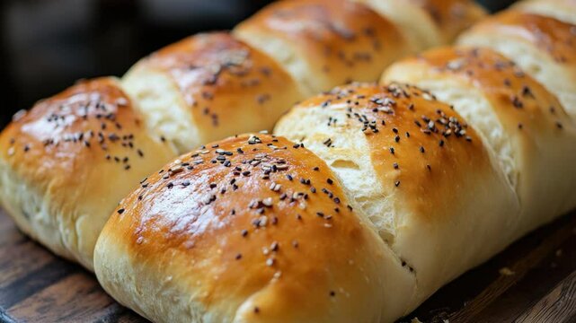 A close-up shot of a freshly baked loaf of bread sitting on a clean cutting board, ready for slicing and serving