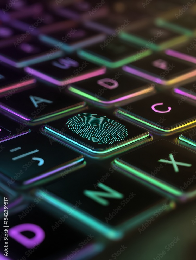 Poster futuristic glow of neon keyboard with fingerprint scanner enhances tech aesthetics in a dark environ