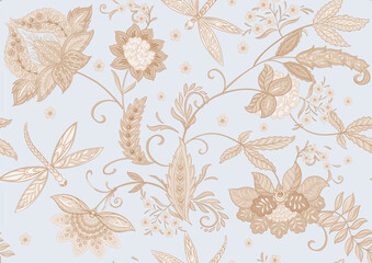 Fantasy flowers and dragonflies in retro, vintage, jacobean embroidery style. Seamless pattern, background. Vector illustration.