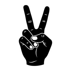 Hand Gesture Illustration Peace Sign, Victory Symbol, Two Fingers Up, Black and White, Graphic Design Element