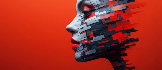 Abstract Digital Face: Red, Black, and White Pixelated Portrait