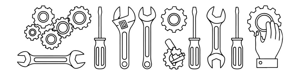 Mechanic Tools, Gears, and Hand Repairing a Gear  Vector Illustration