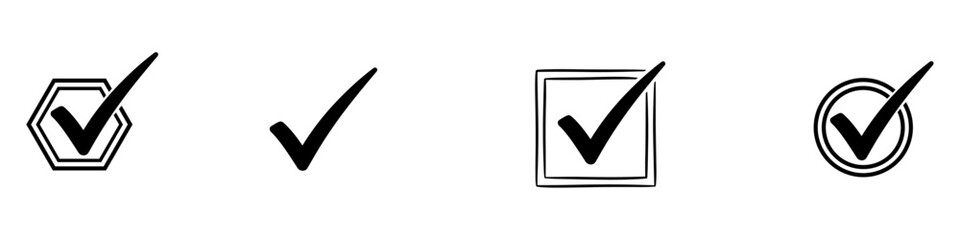 Collection of Check Mark Icons Hexagon, Simple, Square, Circle Vector Illustrations