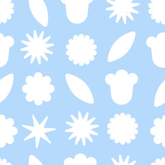 White abstract flower and leaf silhouettes on pastel blue background. Seamless flat pattern. Repeating botanical design.