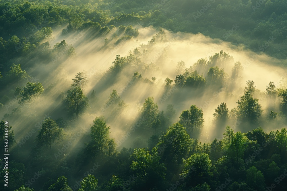 Poster sunlight filters through morning mist over lush green forest canopy creating beams of light in sceni