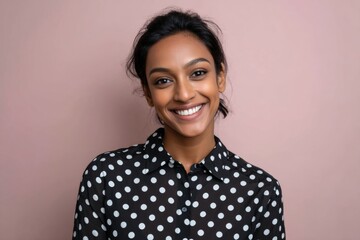 Smiling young african female in polka dot shirt against pink background