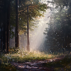 Obraz premium Early fog flows through trees over forest trail high resolution picture