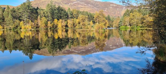 Tranquil Autumn Scottish Lake Reflections with Mountain Backdrop