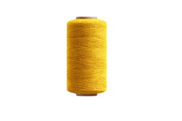 A yellow spool of thread is sitting on a white background