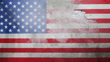 grungy textured american flag painted on rough concrete wall with faded red stripes and distressed blue field for patriotic web design, poster, or branding background

