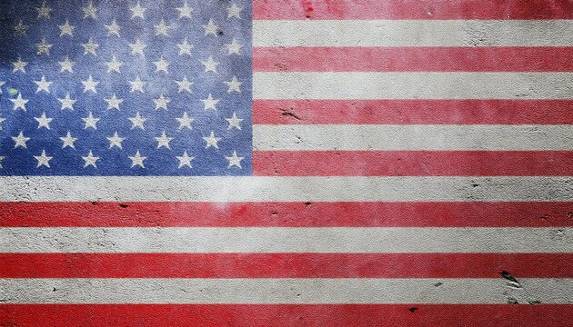 grungy textured american flag painted on rough concrete wall with faded red stripes and distressed blue field for patriotic web design, poster, or branding background