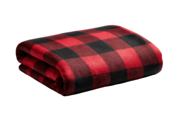 A red and black plaid blanket is laying on a white background