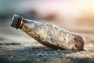 Fototapeta premium Plastic bottle polluted beach sand sunset environmental concern