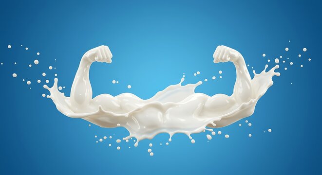 Milk Power Muscular Arms Made of Milk on a Blue Background