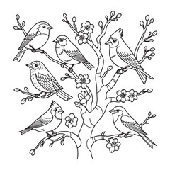 Cute cartoon birds on a tree branch, a floral spring nature illustration