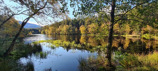 Tranquil Autumn Scottish Lake Reflections with Mountain Backdrop